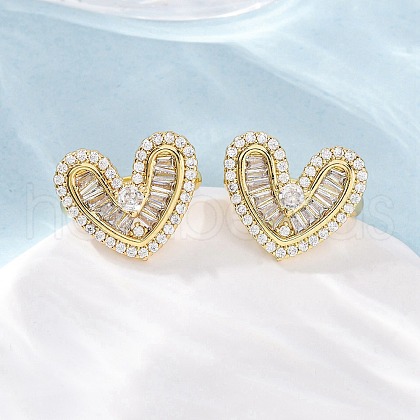 Heart Brass Micro Pave Clear Cubic Zirconia Cuff Earrings EJEW-H158-21G-1