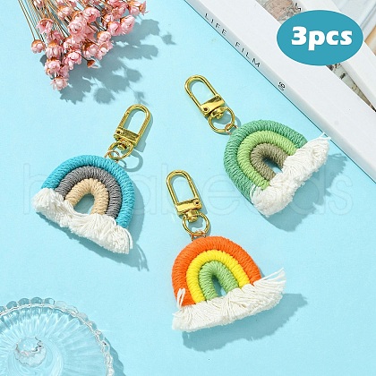 Cotton Macrame Rainbow Keychain HJEW-YW00007-02-1
