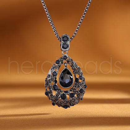 Teardrop Alloy Jet Rhinestone Pendant Long Necklaces for Women FS-WG6712B-07-1