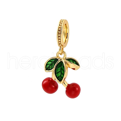 Brass Enamel Red Cherry European Dangle Charms KK-F894-06G-1