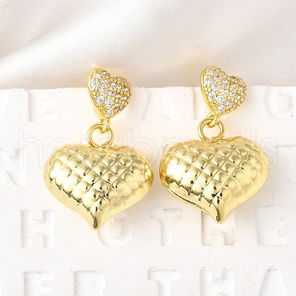 Textured Heart Brass Micro Pave Clear Cubic Zirconia Dangle Stud Earrings EJEW-Z099-02G-01-1