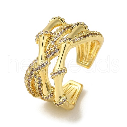 Brass Cubic Zirconia Bamboo Open Cuff Ring RJEW-Z019-01G-1