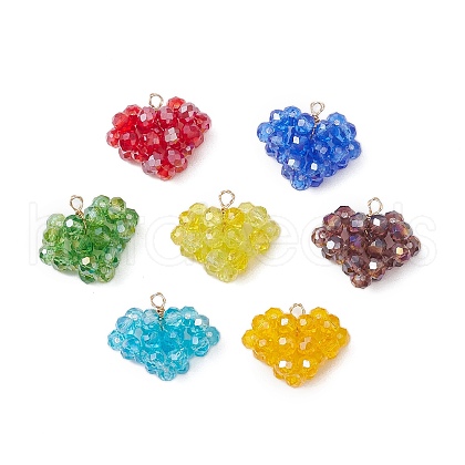 7Pcs 7 Colors Handmade Copper Wired Glass Beaded Heart Pendants PALLOY-CJ00101-1