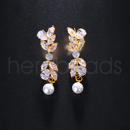 Leaf Brass Clear Cubic Zirconia Dangle Stud Earrings FS-WGEEEF5-01-1
