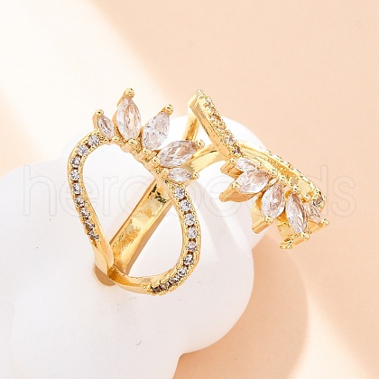 Brass Clear Cubic Zirconia Horse Eye Cuff Rings for Women RJEW-U047-31G-1