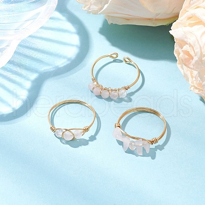 3Pcs Natural Rose Quartz Bead Finger Ring RJEW-JR00855-03-1