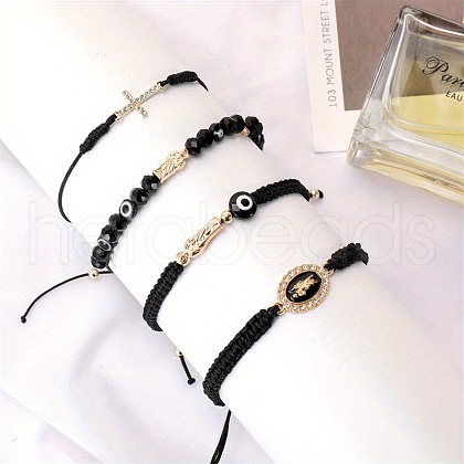4Pcs 4 Styles Golden Alloy Link & Resin Beads Braided Bead Bracelets & Glass Beads Stretch Bracelets FS-WG3FBEF-06-1