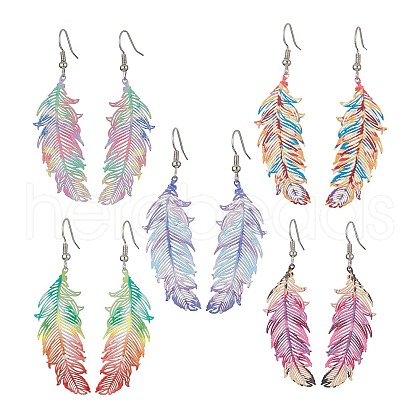 201 Stainless Steel Feather Dangle Earrings EJEW-JE05265-1