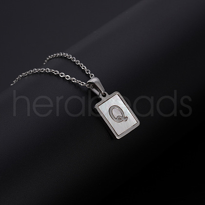 Rectangle Stainless Steel Pave Natural White Shell Pendant Necklaces FS-WG3D812-17-1
