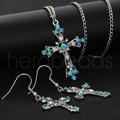 Cross Alloy Indicolite Rhinestone Pendant Necklaces & Dangle Earrings Sets FS-WGB8FD1-01-1