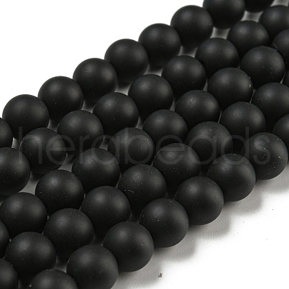Frosted Natural Black Agate Round Beads Strands G-N0151-11-8mm-1