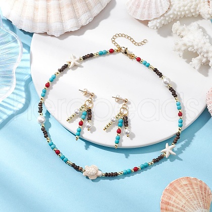 Synthetic Turquoise Beaded Necklaces and Earrings Set for Women SJEW-JS01317-1