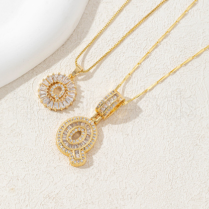 2Pcs 2 Styles Brass Pave Clear Cubic Zirconia Initial Pendant Necklace Sets FS-WGBC393-17-1