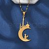 304 Stainless Steel Hollow Moon with Castle and Prayer Pendant Necklaces for Ramadan & Eid Mubarak NJEW-D318-05G-1