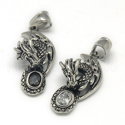 Fashionable Retro 304 Stainless Steel Rhinestone Dragon Pendants STAS-L017-143-1