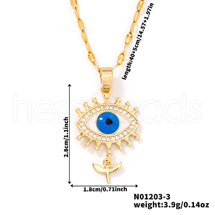 Elegant Brass Full Crystal Rhinestone Blue Evil Eye Flower Pendant Dapped Chain Necklaces EB9667-1-1