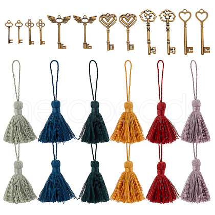 GOMAKERER 24Pcs 12 Colors Polycotton Tassel Pendants Hanging with Tibetan style Alloy Pendant FIND-GO0002-85-1