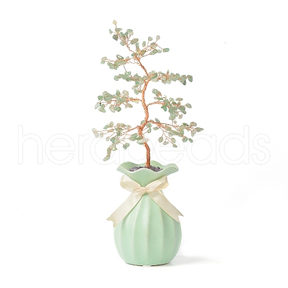 Mother's Day Natural Green Aventurine Chips with Brass Wrapped Wire Money Tree on Ceramic Vase Display Decorations DJEW-B007-01E-1