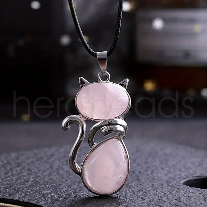 Alloy Pave Natural Rose Quartz Cat Shaped Pendant Necklaces FS-WG6CBFA-01-1