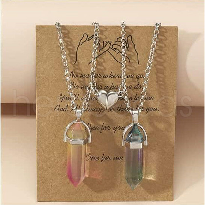 2Pcs Glass Double Faceted Pointed Bullet Pendant Couple Necklaces with Heart Magnetic Clasps FS-WG058EE-04-1