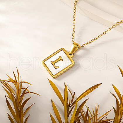 Rectangle Stainless Steel Pave Natural White Shell Initial Pendant Necklaces for Women FS-WGB5EDA-12-1