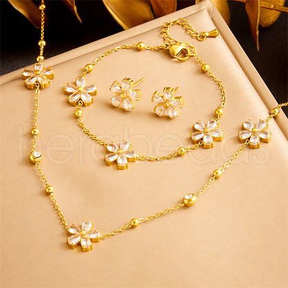 Flower Stainless Steel Pave Clear Cubic Zirconia Chain Necklace & Bracelet & Stud Earring Sets FS-WGF2DAD-01-1