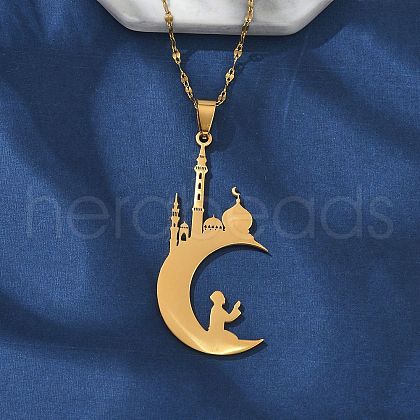 304 Stainless Steel Hollow Moon with Castle and Prayer Pendant Necklaces for Ramadan & Eid Mubarak NJEW-D318-05G-1