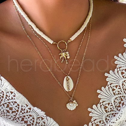 Summer Beach Alloy & Natural Shell & White Polymer Clay Heishi Beads Shell Shape Pendant 3 Layer Necklaces for Women FS-WG8B7EE-04-1