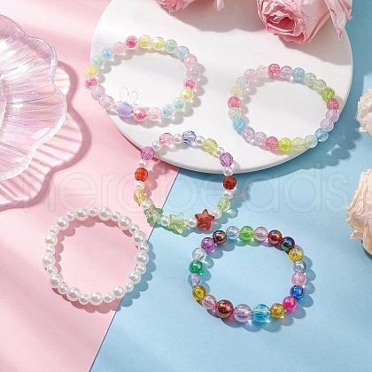 5Pcs Kids Round Acrylic Beaded Stretch Bracelet & ABS Plastic Imitation Pearl Round Beads Stretch Bracelet Sets BJEW-JB11558-1