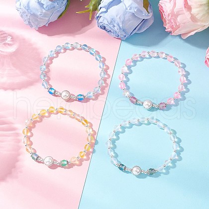 4Pcs 4 Colors Synthetic Frosted Moonstone Round Beaded Stretch Bracelets BJEW-JB11878-1