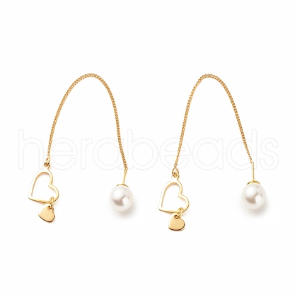 Brass Ear Thread with Heart and Acrylic Pearl Charm EJEW-JE04886-1