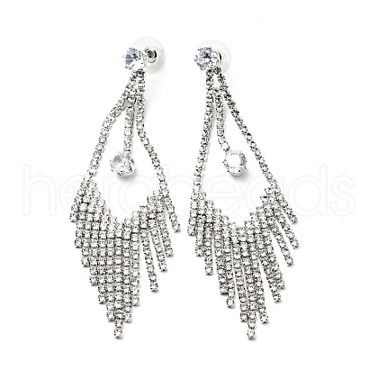 Clear Cubic Zirconia & Crystal Rhinestone Long Tassel Dangle Stud Earrings EJEW-C037-07D-P-1