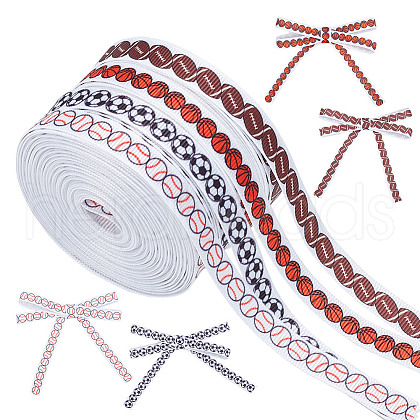 HOBBIESAY 4 Rolls 4 Styles Sport Ball Theme Polyester Printed Grosgrain Ribbon OCOR-HY0001-19-1
