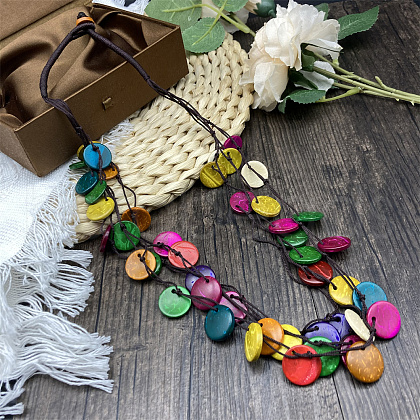 Dyed Natural Coconut Disc Beaded PU Leather Multi-Strand Necklaces for Women FS-WG04026-06-1