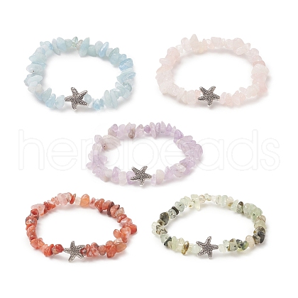 Natural Mixed Gemstone Chips & Alloy Starfish Beaded Stretch Bracelet for Women BJEW-JB09233-1