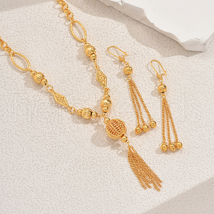 Alloy Hollow Round Beaded Tassel Earrings & Necklaces Sets for Women ZJ4138-1