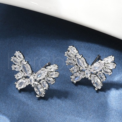 Butterfly Brass Micro Pave Cubic Zirconia Stud Earrings EJEW-M082-17P-01-1