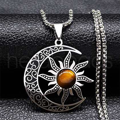 Gothic Moon Sun 304 Stainless Steel Pave Natural Tiger Eye Pendant Necklaces for Women FS-WG56BEB-01-1