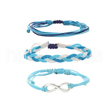3Pcs Infinity Alloy & Wax Cord Braided Bead Bracelets Set FS-WG10F8B-02-1