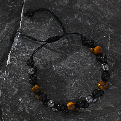 Natural Tiger Eye & Obsidian & Synthetic Hematite Round Beads Braided Bead Bracelets SQ0570-1