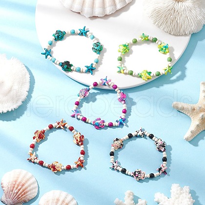 5Pcs Starfish & Turtle Synthetic Turquoise Dyed Beads Stretch Bracelets for Women BJEW-JB11920-1