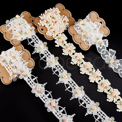 AHADERMAKER 4 Yards 4 Styles Organza Flower Lace Trim SRIB-GA0001-10-1