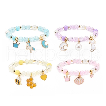 Acrylic Imitation Pearl Stretch Bracelet with Alloy Enamel Charms for Women BJEW-JB08448-1