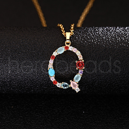 Brass Pave Colorful Cubic Zirconia Initial Pendant Necklaces for Women FS-WG659DF-17-1