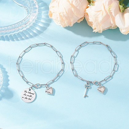 2Pcs 304 Stainless Steel Paperclip Chains Charm Bracelets for Women BJEW-JB11950-1