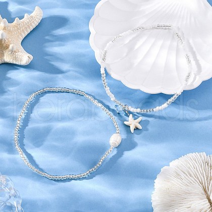 2 Styles Summer Natural Pearl & Round Glass Seed Beaded Stretch Anklets AJEW-AN00670-03-1