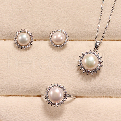Mother's Day Jewellery Flower Brass Micro Pave Clear Cubic Zirconia with Natural Freshwater Pearl Pendant Necklace & Stud Earrings & Finger Ring WG8FE37-01-1