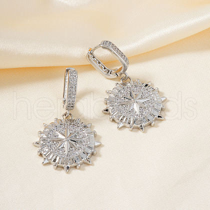 Brass Clear Cubic Zirconia Flat Round with Star Hoop Earrings JU6465-2-1