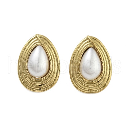 Ion Plating(IP) 304 Stainless Steel & ABS Imitation Pearl Stud Earrings for Women EJEW-N054-37G-1