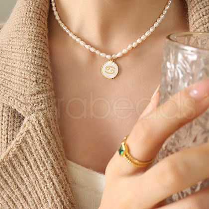 Mother's Day Jewellery 304 Stainless Steel Pave Natural White Shell Constellation Pendant Natural Freshwater Pearl Rice Beaded Necklaces for Women FS-WG631DE-04-1